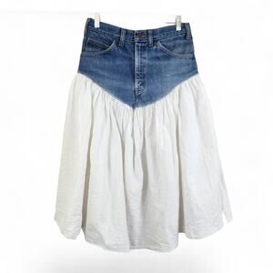 Vintage 70s Denim Short White Cotton Midi Skirt Small / 28" Festival Boho Cntry